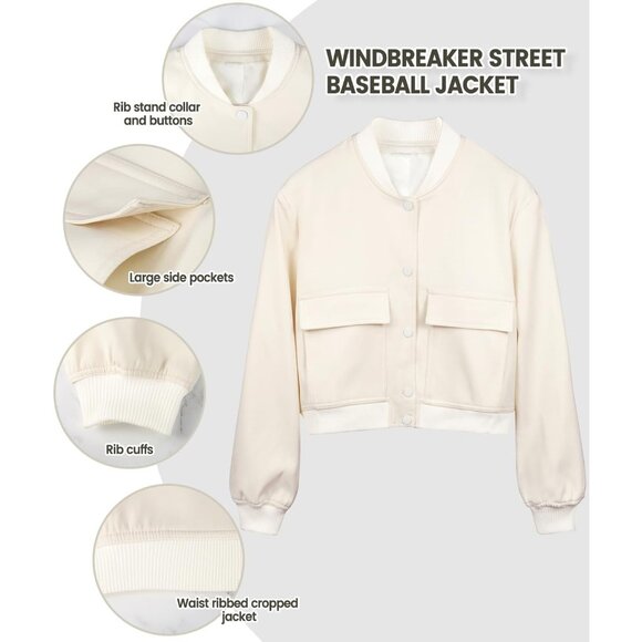 Womens Milky White Spring Varsity Bomber Jacket Cropped Button Down Casual Coat - Picture 6 of 8
